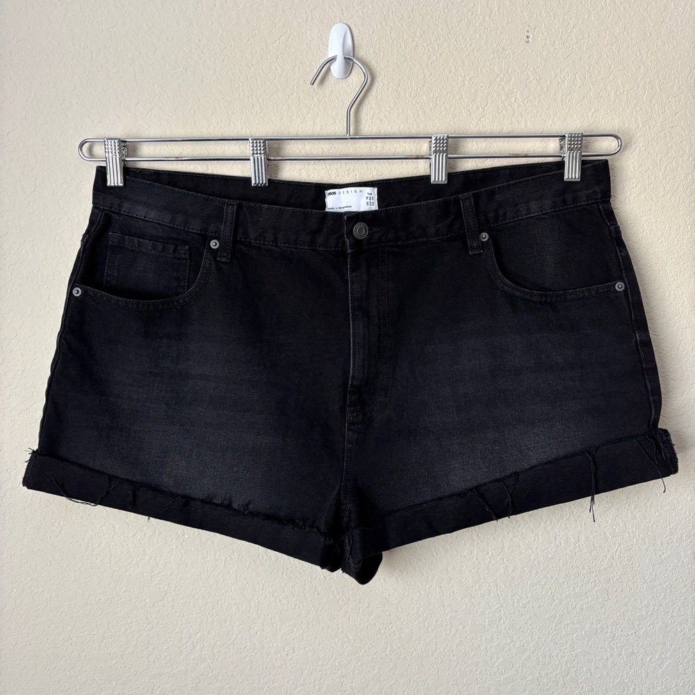 Asos 14 Tall Gray Black Rolled Hem Denim Jean Shorts